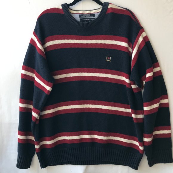 Vtg Tommy Hilfiger Red White Blue Cardigan Sweater Mens Size XL X-Large Stripes - Picture 1 of 10